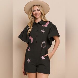 ODDY Black Western Romper With Pink Accents Size 1XL